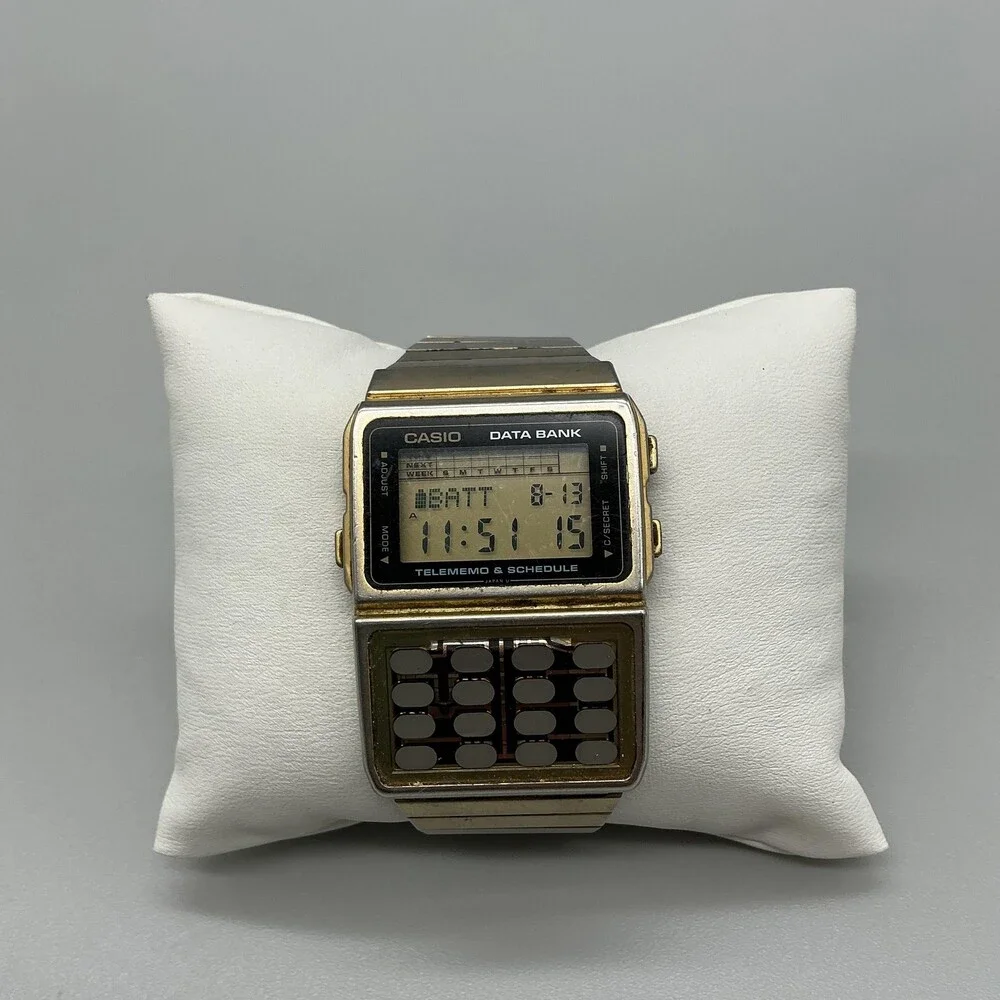 Vintage Casio DBC-610 Data Bank Mens Watch 32mm Gold Calculator Quartz Alarm
